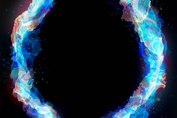 에너지와 가까운 미래 개념의 그라디언트 알코올 잉크 아트 배너, 검은 배경에 다채로운 형광 라인의 원, 텍스트를위한 공간 - smoke circle black background abstract stock illustrations