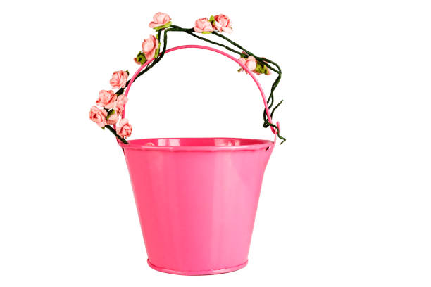 Colored bucket with flowers isolated over white background