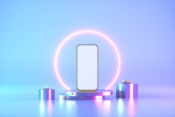 istock Smart phone one podium Christmas new year concept neon lighting 1428226965
