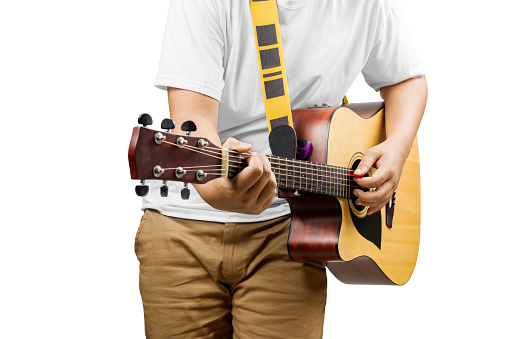 Man playing guitar isolated over white background