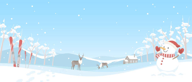 ilustraciones, imágenes clip art, dibujos animados e iconos de stock de fondo invernal. ilustración vectorial de paisaje nevado con muñeco de nieve, esquís y renos. - ski resort hut snow winter