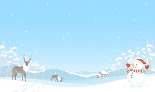 Vector illustration of Winter background. Vector illustration of snow landscape with reindeer and snowman.