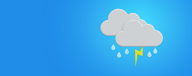 Weather forecast icon. thunderstorm, showers, rainy Day Weather forecast info icon on blue. Trendy wide banner for Metcast, WF report mark, meteo mobile app, business, web. 3d rendering