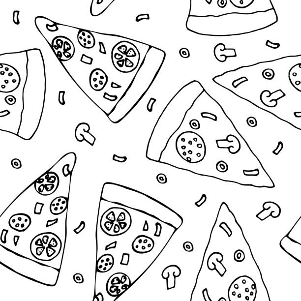 피자 이음새가 없는 무늬 손으로 낙서 스타일로 그려져 있습니다. 메뉴, 포장, 포장지, 벽지, 배경, 섬유, 디지털 용지에 적합합니다. - pizza illustration and painting italian cuisine salami stock illustrations