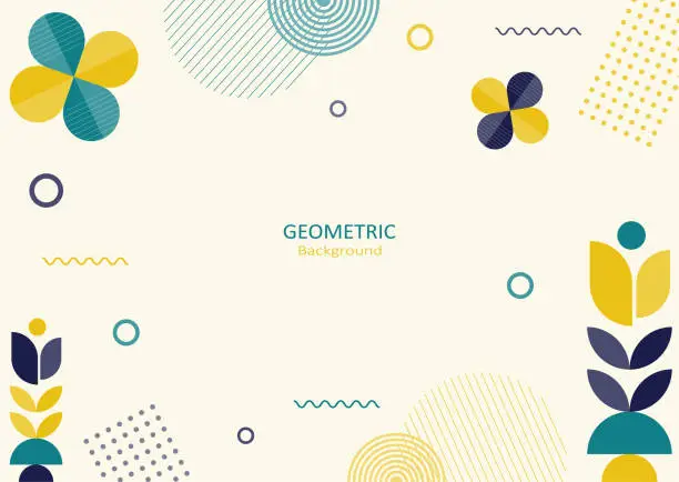Vector illustration of Abstract geometric template flat design with simple shapes of circles, flowers, lines, and dots on beige background.