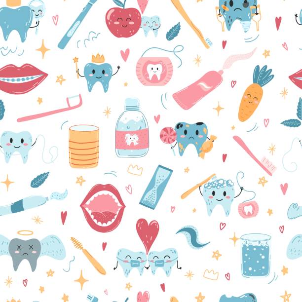 Seamless pattern with hand drawn kawaii teeth characters and oral care products in cartoon flat style. Vector illustration of cartoon children background for wrapping paper, fabric print, cover, card and web design Seamless pattern with hand drawn kawaii teeth characters and oral care products in cartoon flat style. Vector illustration of cartoon children background for wrapping paper, fabric print, cover, card and web design. toothbrush toothpaste backgrounds beauty stock illustrations