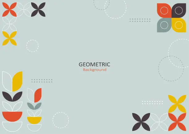 Vector illustration of Abstract geometric template flat design with simple shapes of circles, lines, and flowers on gray background.