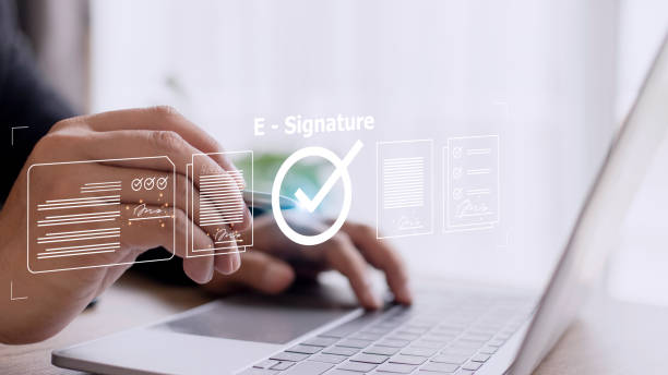 istock Online business contract Electronic signature, e-signing, digital document management, paperless office, signing business contract concept. 1428232402