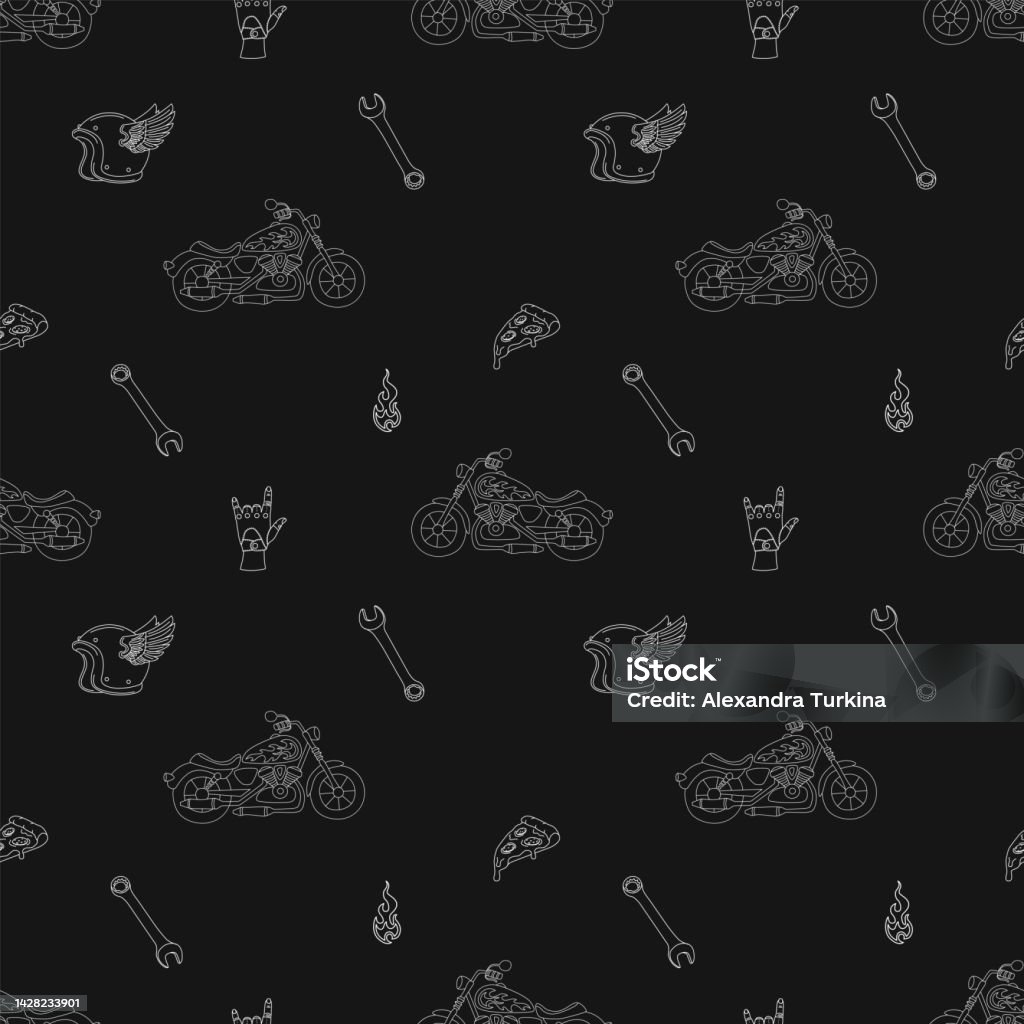 Motorcycle Pattern Stock Seamless Pattern With Motorcycle Motorcycle Helmet Fire Flat Vector ...