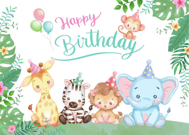 Safari birthday party vector illustration. Jungle animals watercolor illustration for invitation, postcard, sticker and banner. Safari birthday party vector illustration. Animals watercolorillustration for invitation, postcard, sticker and banner. cute baby animals in wild stock illustrations