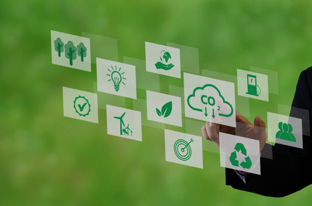 istock Organizations or companies develop carbon credit business virtual screen. Reduce CO2 emissions. Sustainable business development concept. 1428242890