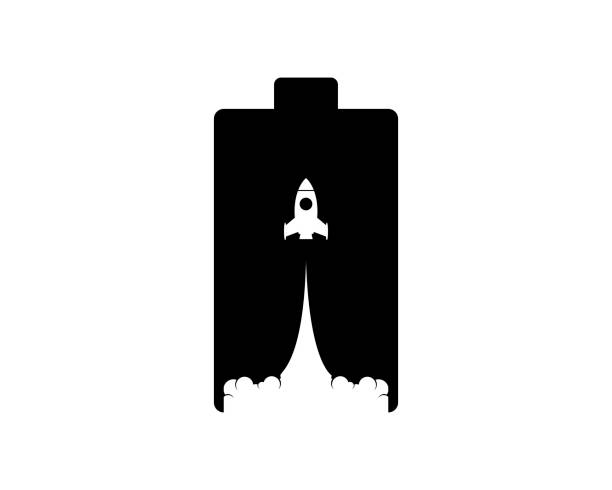 Battery with rocket silhouette inside Battery with rocket silhouette inside rocketship silhouettes stock illustrations