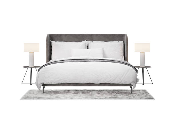 istock Double bed with carpet and lamps on white background, isolated. Front view. Gray and white bedding. Modern interior design element. Bedroom furniture. Cut out. 3D rendering. 1428248565