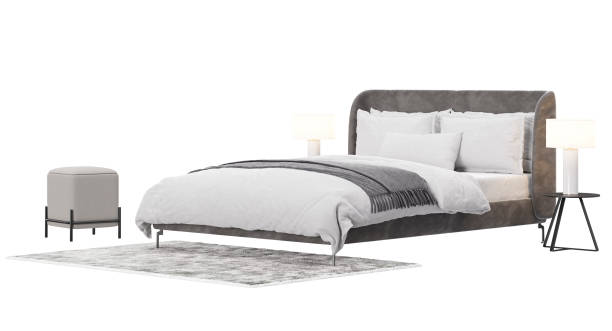 istock Double bed with carpet, pouf and lamps on white background, isolated. Side view. Gray and white bedding. Modern interior design element. Bedroom furniture. Cut out. 3D rendering. 1428248566