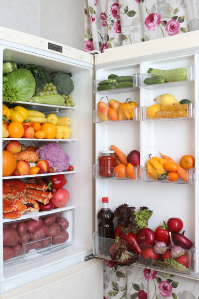 Content of open refrigerator. Products for color diet. Organic fruits, vegetables. Rainbow food in fridge, freezer. Healthy, dietary muilticolored nutrition Refrigerator, content. Color diet. Organic food, fruits, vegetables. Rainbow food in fridge, refrigerator. Healthy, dietary nutrition. Multicolored nutrition for vegetarians, vegans. Products for diet rainbow crab stock pictures, royalty-free photos & images