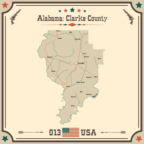 Vintage map of Clarke county in Alabama, USA. Large and accurate map of Clarke county, Alabama, USA with vintage colors. alabama state map with cities stock illustrations