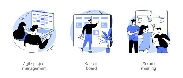 Project management isolated cartoon vector illustrations se Project management isolated cartoon vector illustrations set. Diverse IT company workers discussing new app, agile software development, manager use kanban board, scrum meeting vector cartoon. scrum stock illustrations