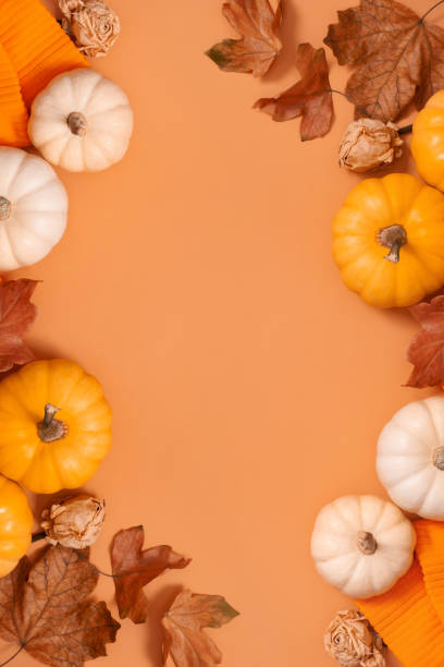 istock Autumn flat lay composition with pumpkins and fallen leaves and sweater with space for text. Vertical format. 1428256586