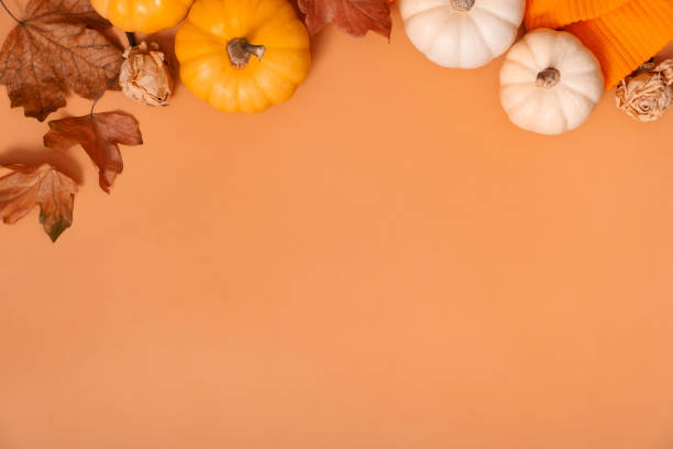 istock Autumn flat lay composition with pumpkins and fallen leaves and sweater with space for text 1428256587