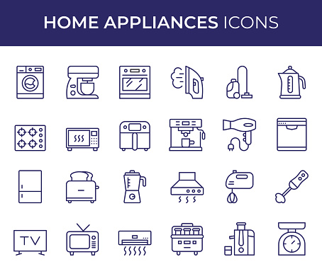 Vector Style Home Appliances Editable Stroke Line Icon Set