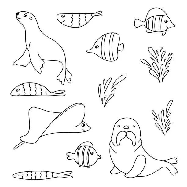 Vector illustration of Fish and wild marine animals