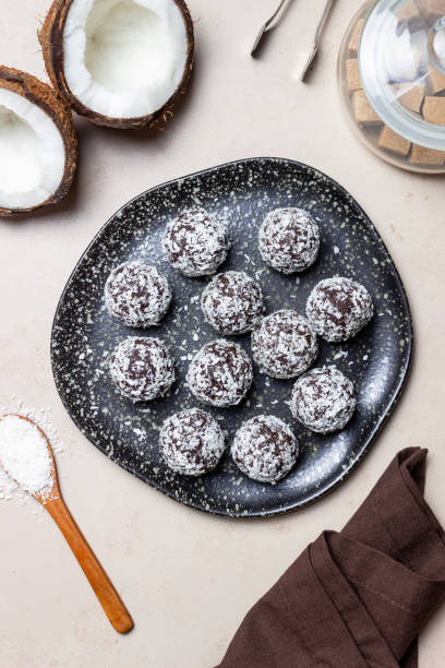 istock Coconut chocolate balls. Candy. Dessert. Vegetarian food. 1428258085