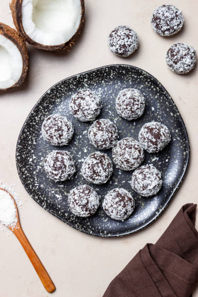 istock Coconut chocolate balls. Candy. Dessert. Vegetarian food. 1428258090