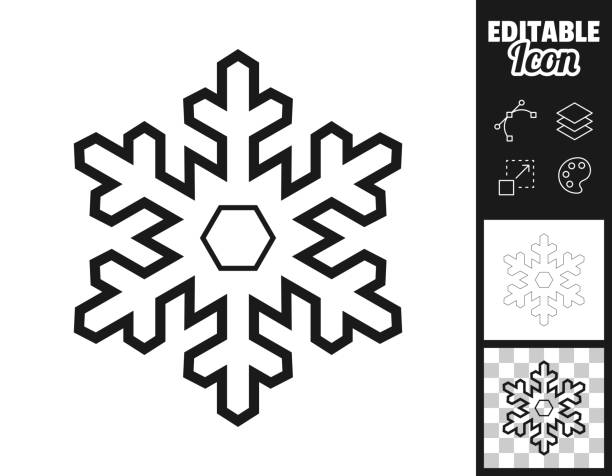 Snowflake. Icon for design. Easily editable Icon of "Snowflake" for your own design. Three icons with editable stroke included in the bundle: - One black icon on a white background. - One line icon with only a thin black outline in a line art style (you can adjust the stroke weight as you want). - One icon on a blank transparent background (for change background or texture). The layers are named to facilitate your customization. Vector Illustration (EPS file, well layered and grouped). Easy to edit, manipulate, resize or colorize. Vector and Jpeg file of different sizes. white background sign snow winter stock illustrations