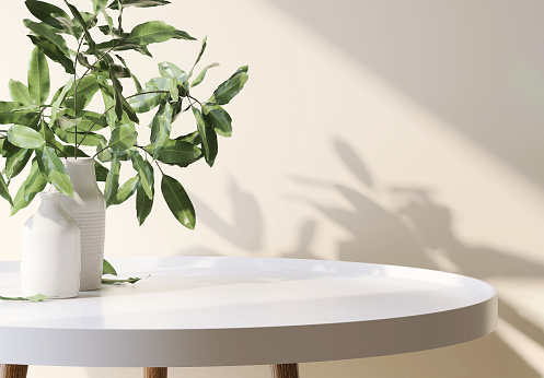 Modern and minimal white glossy round side table with wooden top and tree twig in vase in sunlight on beige wall background