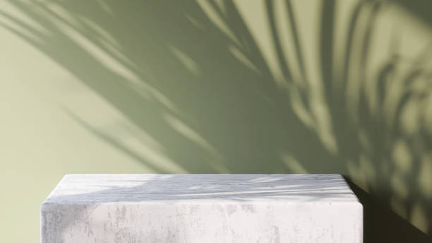 Elegant marble square pedestal table and with sunlight and tropical palm leaf shadow on green wall background