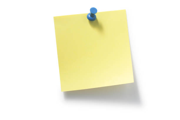 blue pushpin and yellow sticky notes - thumbtack bulletin board blue office supply imagens e fotografias de stock