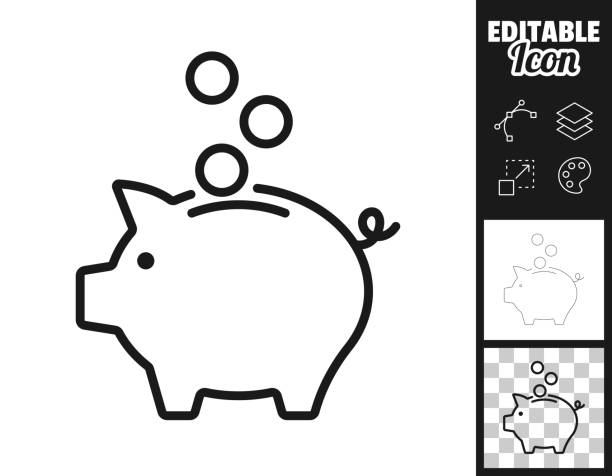 Piggy bank and coins. Icon for design. Easily editable Icon of "Piggy bank and coins" for your own design. Three icons with editable stroke included in the bundle: - One black icon on a white background. - One line icon with only a thin black outline in a line art style (you can adjust the stroke weight as you want). - One icon on a blank transparent background (for change background or texture). The layers are named to facilitate your customization. Vector Illustration (EPS file, well layered and grouped). Easy to edit, manipulate, resize or colorize. Vector and Jpeg file of different sizes. piggy bank stock illustrations