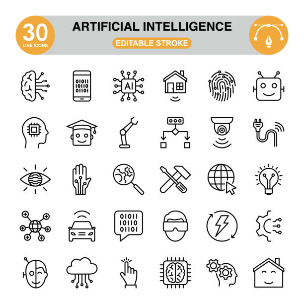 set ikon kecerdasan buatan. stroke yang dapat diedit. pixel sempurna. set ikon berisi ikon seperti otak manusia, sidik jari, robot, teknologi nirkabel, iot, microchip, vr, topi kelulusan, ponsel pintar, perlengkapan, dll. - artificial intelligence ilustrasi stok