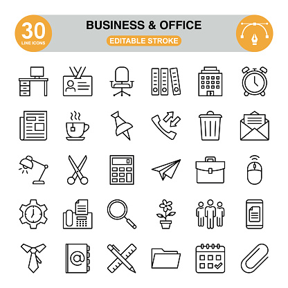 Business And Office icon set. Editable stroke. Pixel perfect. icon set contains such icons as business card, workspace, pen, desk lamp, bin, newspaper, folders, building, calculator, fax machine, etc.