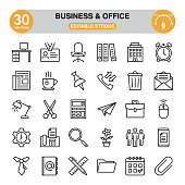istock Business And Office icon set. Editable stroke. Pixel perfect. icon set contains such icons as business card, workspace, pen, desk lamp, bin, newspaper, folders, building, calculator, fax machine, etc. 1428260391