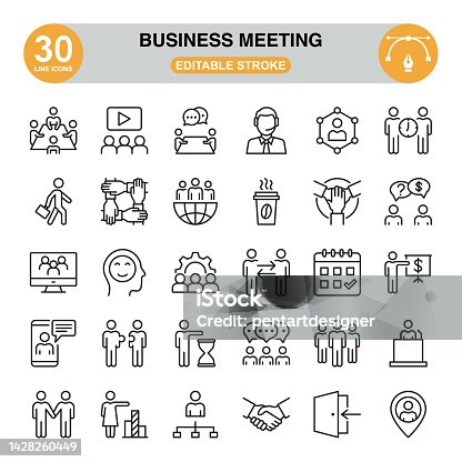 istock Business Meeting icon set. Editable stroke. Pixel perfect. icon set contains such icons as meeting, speech bubble, human hand, positive emotion, chart, handshake, gear, workflow, calendar, map pin, etc. 1428260449