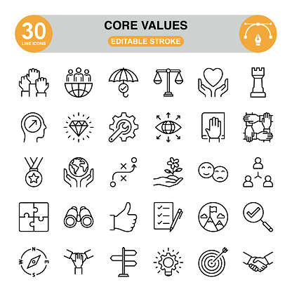Core Values icon set. Editable stroke. Pixel perfect. icon set contains such icons as group of people, umbrella, diamond, thumbs up, jigsaw puzzle, target, light bulb, medal, gear, scales, etc.