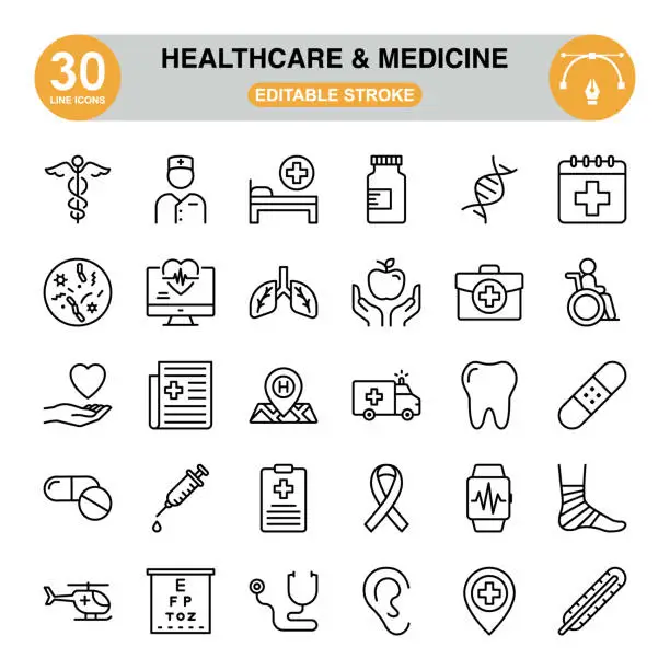Vector illustration of Healthcare And Medicine icon set. Editable stroke. Pixel perfect. icon set contains such icons as caduceus, hospital bed, medicine chest, microorganism, lung, syringe, heartbeat, paramedic, tooth, Stethoscope, etc.