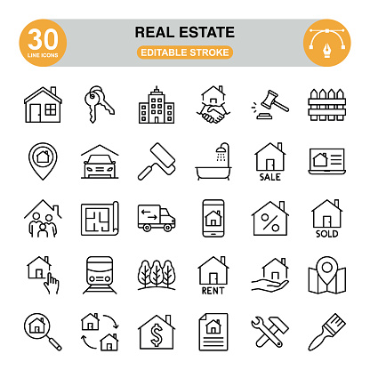 Real Estate icon set. Editable stroke. Pixel perfect. icon set contains such icons as blueprint, garage, bathtub, house for rent, fence, transport, tree, key, family, etc.