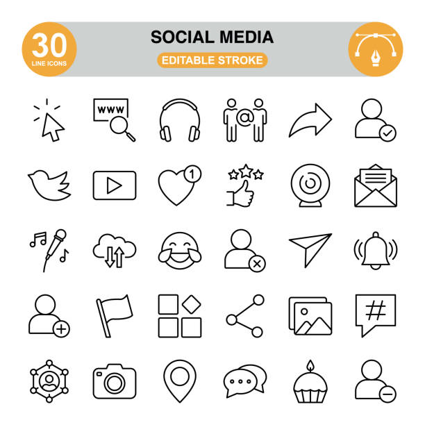 social media icon set. editable stroke. pixel perfect. icon set contains such icons as thumbs up, twitter bird, viral video, headset, flag, heart shape, camera, click, bell, cloud, etc. - twitter 幅插畫檔、美工圖案、卡通及圖標