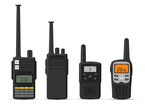 Walkie talkie portable radio digital waves receiver with antenna and buttons set realistic vector illustration. Emergency assistance call military message communication police mobility speaker display