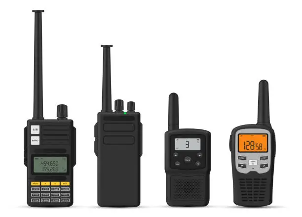 Vector illustration of Walkie talkie portable radio digital waves receiver with antenna and buttons set realistic vector