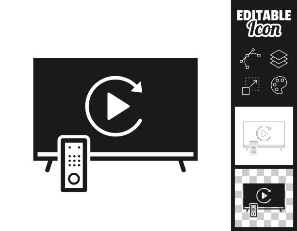 Replay on TV. Icon for design. Easily editable Icon of "Replay on TV" for your own design. Three icons with editable stroke included in the bundle: - One black icon on a white background. - One line icon with only a thin black outline in a line art style (you can adjust the stroke weight as you want). - One icon on a blank transparent background (for change background or texture). The layers are named to facilitate your customization. Vector Illustration (EPS file, well layered and grouped). Easy to edit, manipulate, resize or colorize. Vector and Jpeg file of different sizes. watching black and white tv stock illustrations