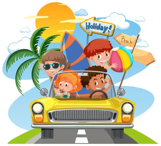 Vector illustration of Children in classic car with holiday theme