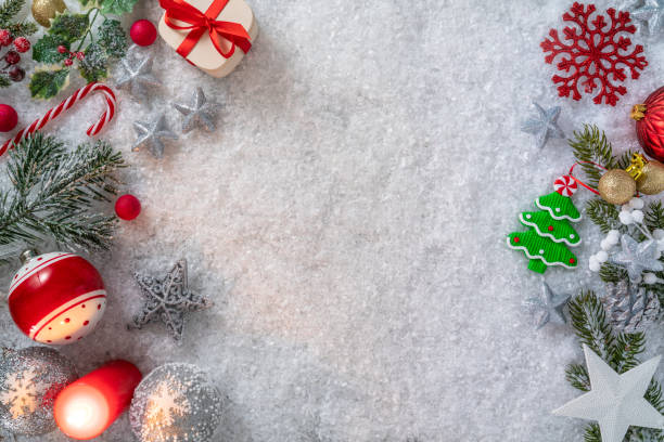 istock Christmas background winter snow and fir tree with baubles and c 1428262244