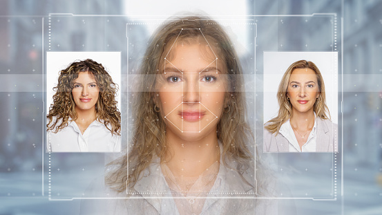 Tecnología biométrica digital Face Scanning forma líneas, triángulos y diseño de estilo de partícula photo