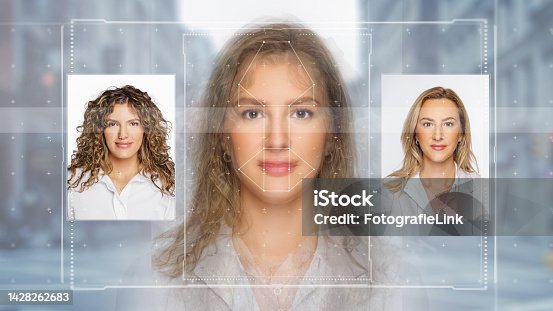 istock Biometric technology digital Face Scanning form lines, triangles and particle style design 1428262683