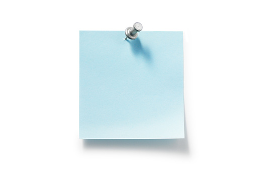 silver color pushpin and blue sticky notes on a white background