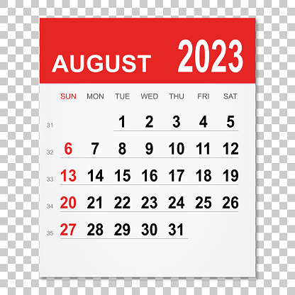August 2023 calendar isolated on a blank background. Need another version, another month, another year... Check my portfolio. Vector Illustration (EPS file, well layered and grouped). Easy to edit, manipulate, resize or colorize. Vector and Jpeg file of different sizes.
