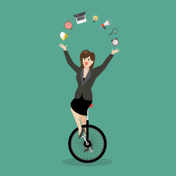 ilustrações de stock, clip art, desenhos animados e ícones de business woman showing her skills on unicycle - unicycle unicycling cycling wheel